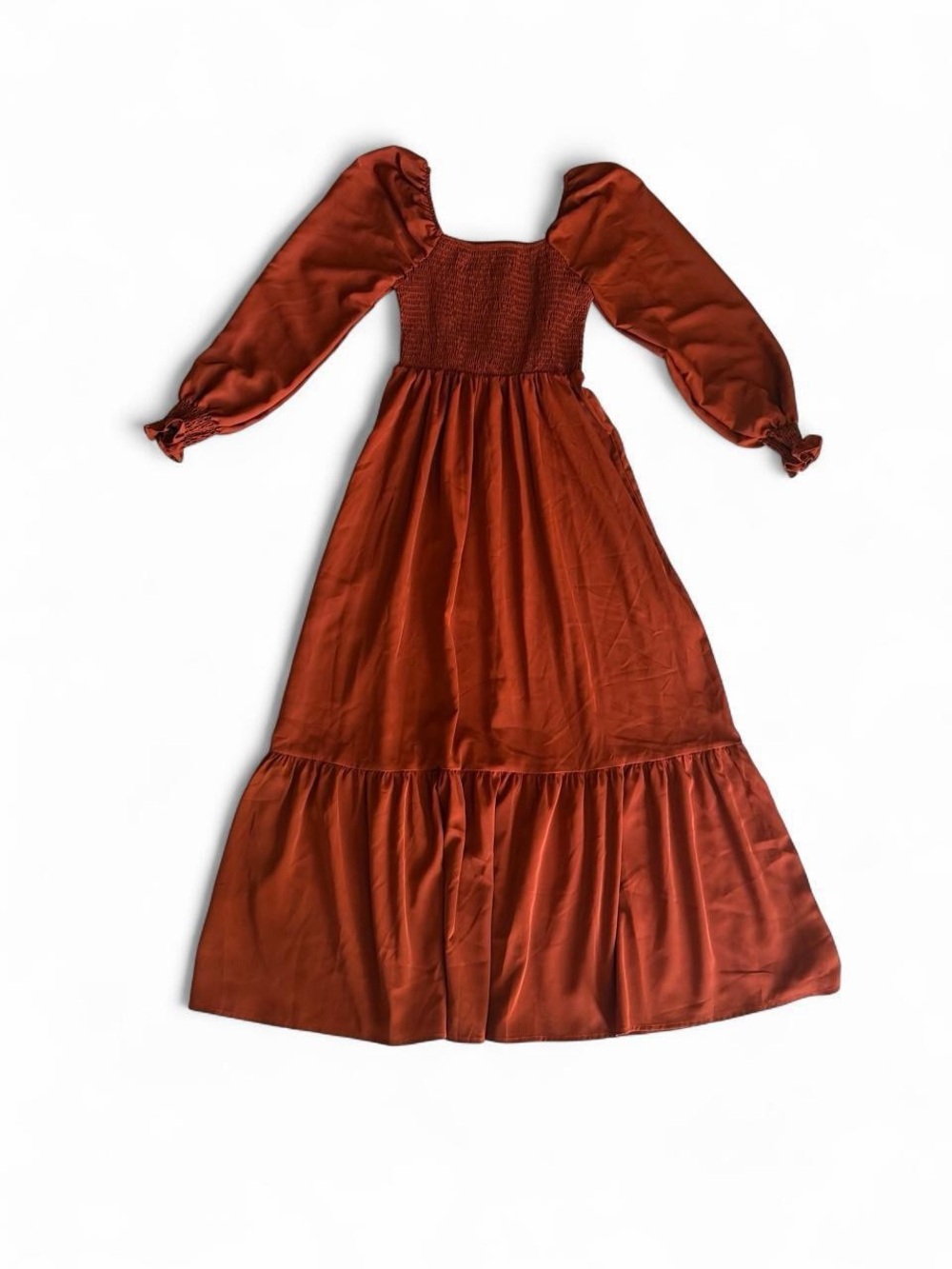 SHEIN Rust Smocked Maxi Dress with Puff Sleeves | Size S